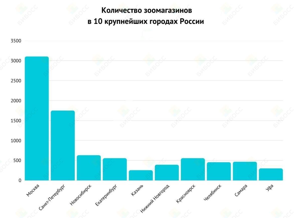 Количество зоомагазинов в 10 крупнейших городах России